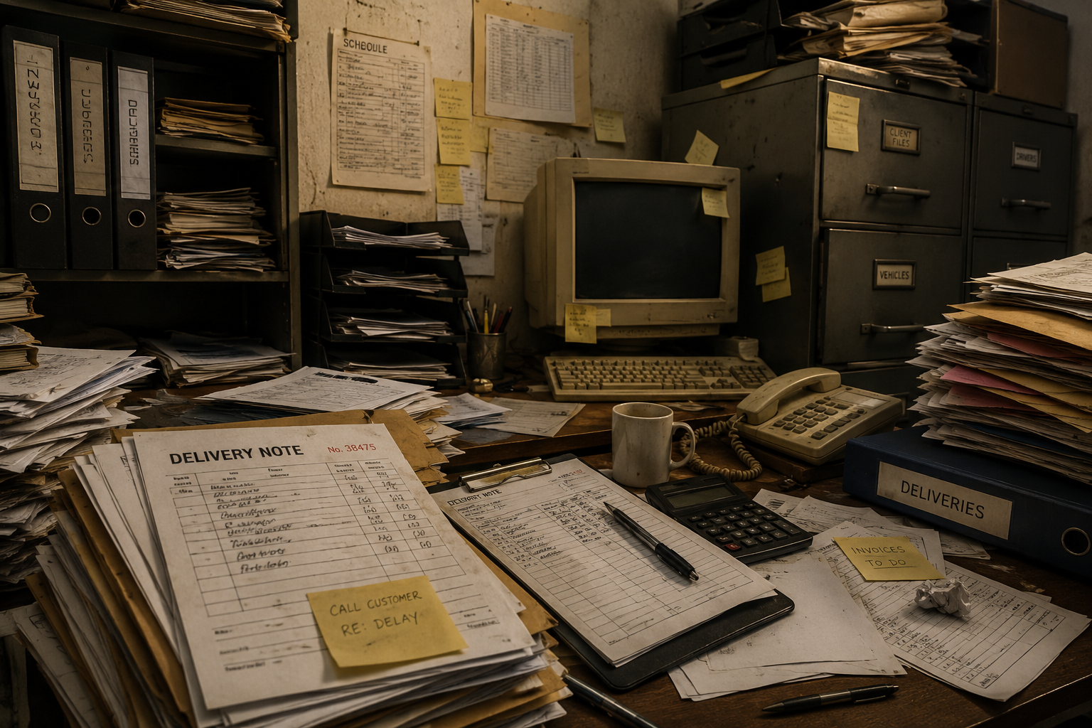Outdated logistics processes using physical paperwork, cluttered delivery spreadsheets, and manual tracking systems