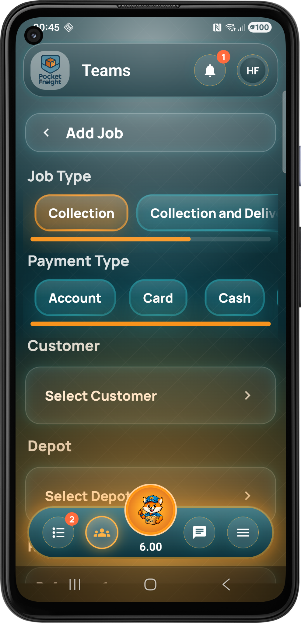Pocket Freight create job screen